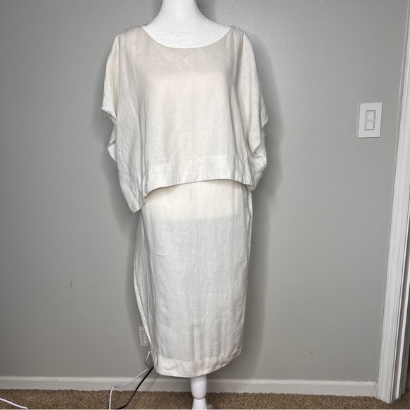 Women’s Small 100% Linen Layered Dress Architectural Minimalist Monochrome USA - Picture 1 of 14